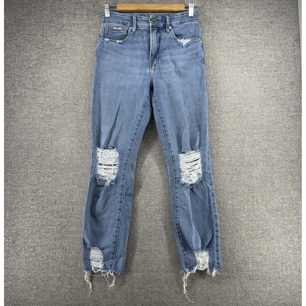Good American Distressed Jeans Women Sz 4/27 Blue Denim Mid Rise Stretch Casual